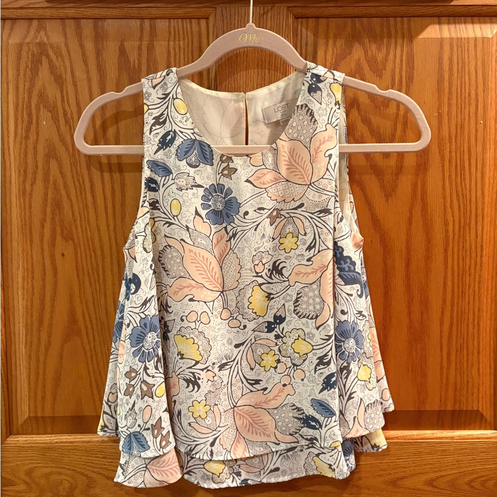 LOFT Blue and Pink Blouse with Watercolor Floral Print